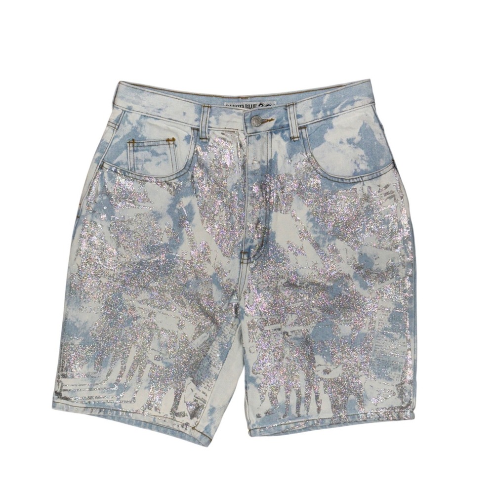 Vintage Y2K High Waist Acid Cloud Wash Silver Glitter Denim Jean Shorts Jorts